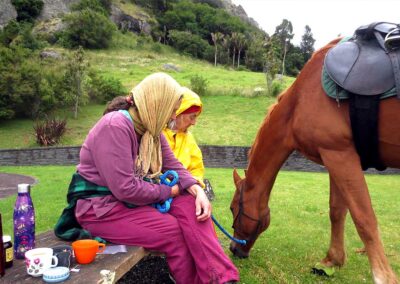 two women sitting in natural setting on bench with tea cups, red thermos and water bottle besides them, while a brown horse with black saddle and green saddleblanket is grazing right besides their feet