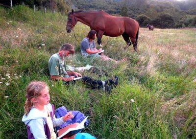 blond girl, bearded father and adult son sitting on ground in meadow with tall grass, all writing or drawing in notebooks, two brown horses freely roaming besides them and grazing