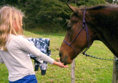young girl with long blond hair holding out her hand and feeding a brown horse