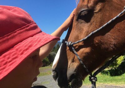 little girl wearing red hat holding hand on horse's forehead, both teir eyes half closed, noses almost touching