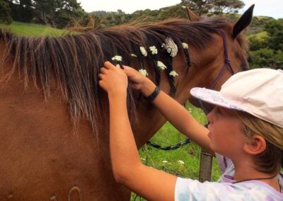 blond girl in pink cap and teeshirt plaiting white flowers into chestnut horse's mane