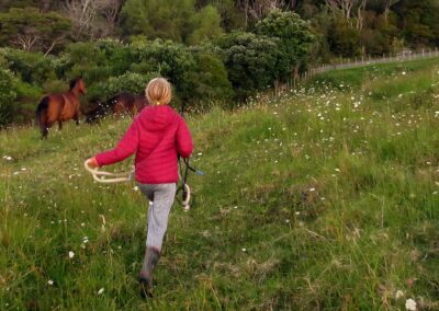 blond girl in red puffer jacket and grey pants and gum boots waving a white lead rope and driving 2 horses over paddock with flowers and long grass