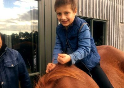 little boy in blue clothes astride chestnut horse and holding on to mane, smiling. Father on side, also smiling